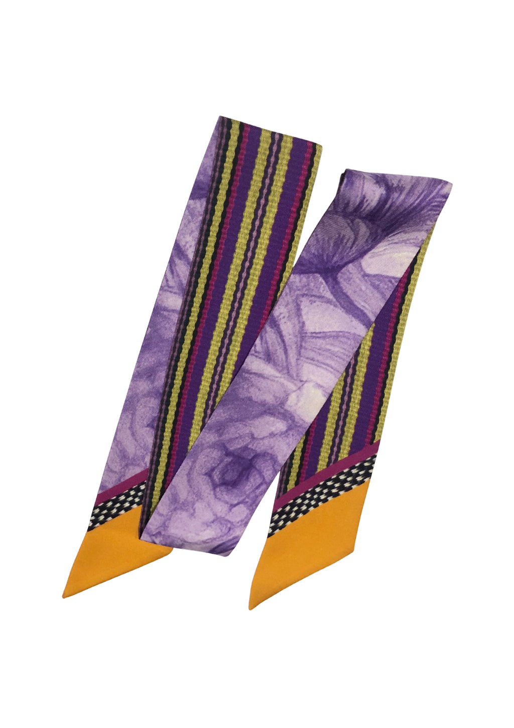 Twilly silk ribbon in purple floral and striped pattern with orange tips, laid flat on white background