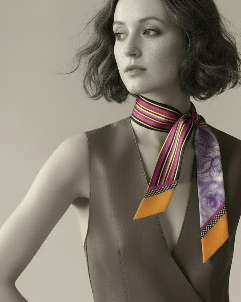 Model wearing colorful Twilly silk scarf in purple and orange tied around neck