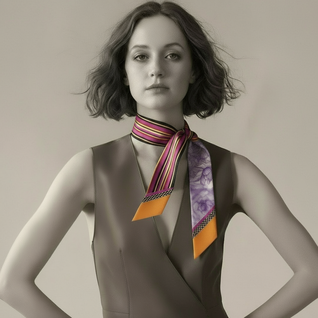Elegant woman with styled short hair modeling a luxury silk ribbon in a new knot